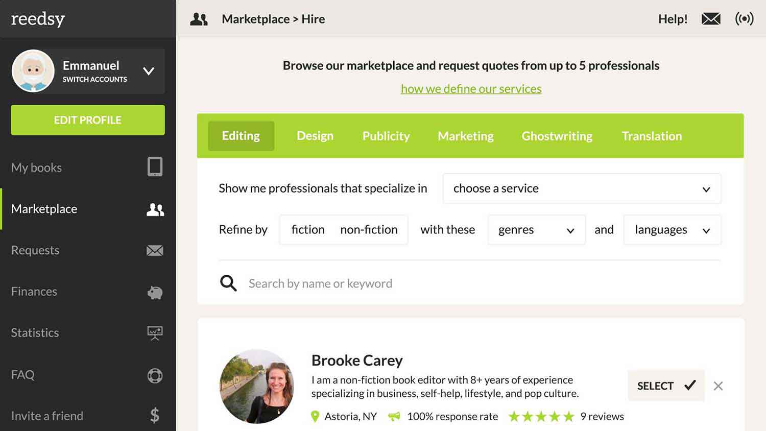 How to find editors, book designers and marketers on the Reedsy marketplace.