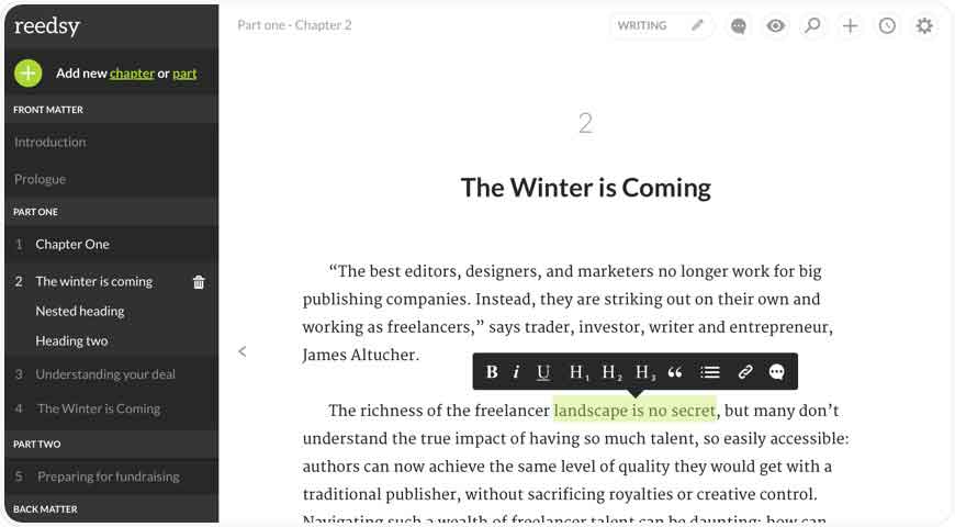 The Reedsy Book Editor - professionally typeset your manuscript into print-ready PDF's and epub files